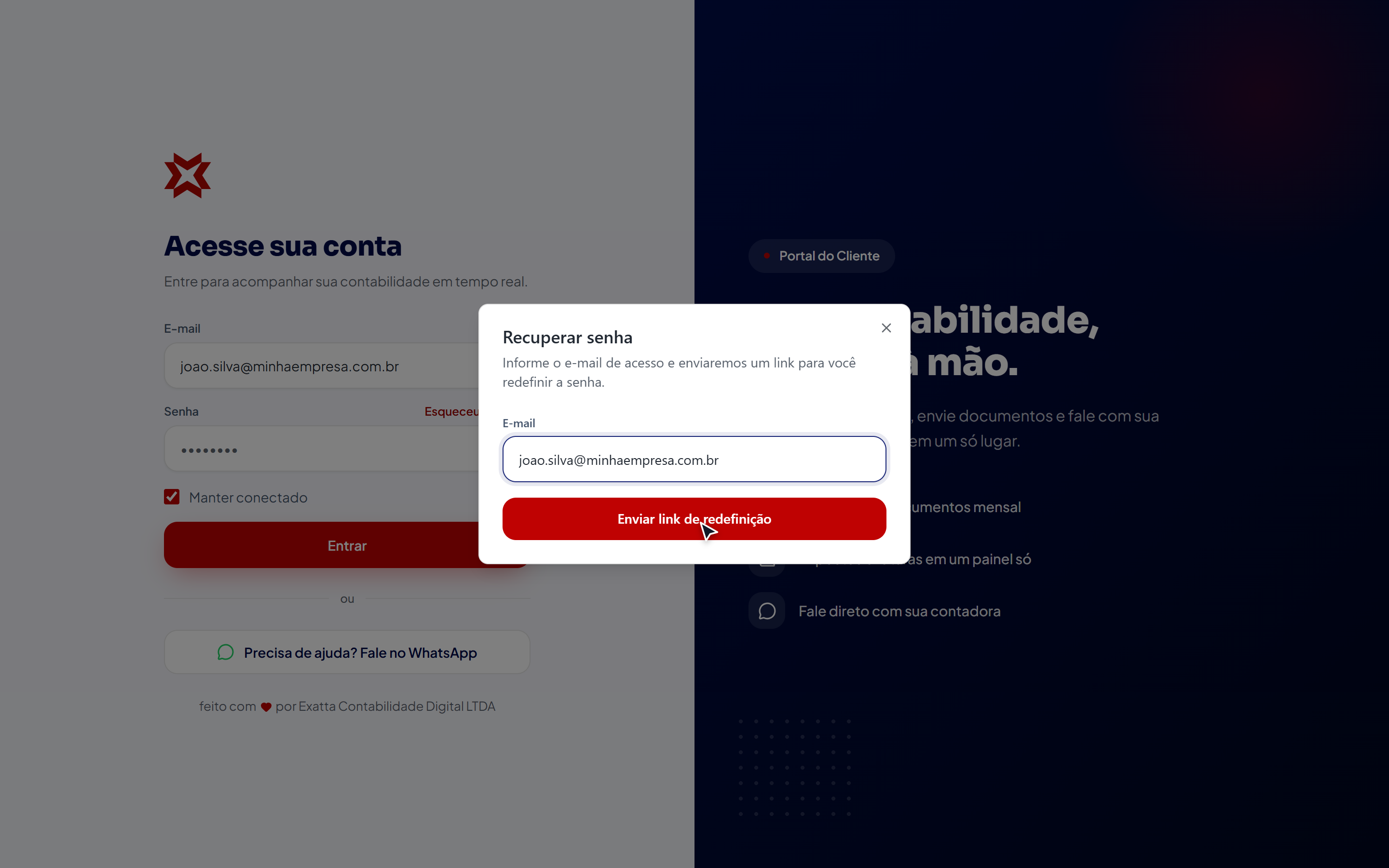 Janela Recuperar senha com o botão Enviar link de redefinição