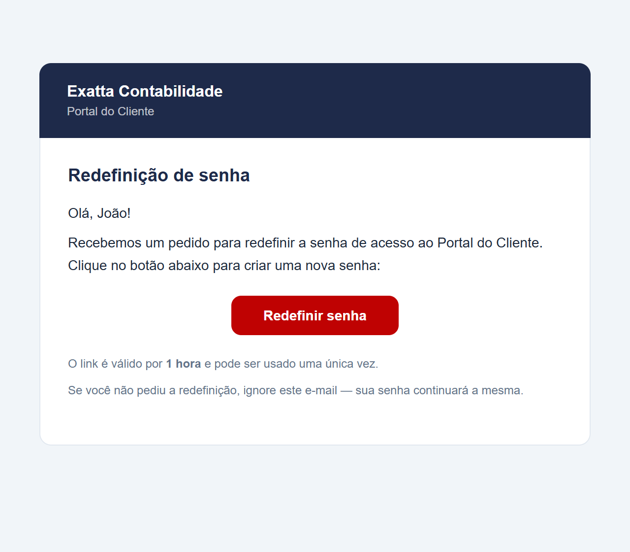 E-mail de redefinição de senha com o botão Redefinir senha